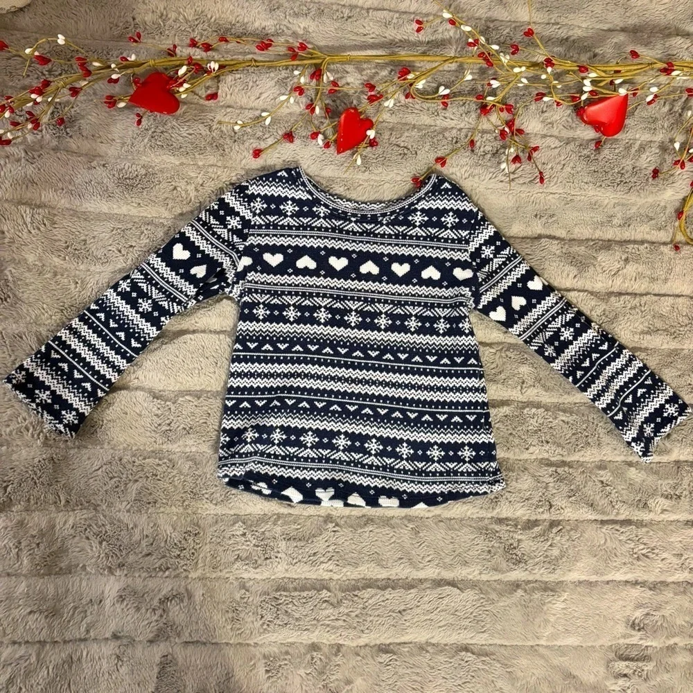 Old Navy 5T Blue Fair Isle Long Sleeve Tee, Hearts, Winter, Snowflakes